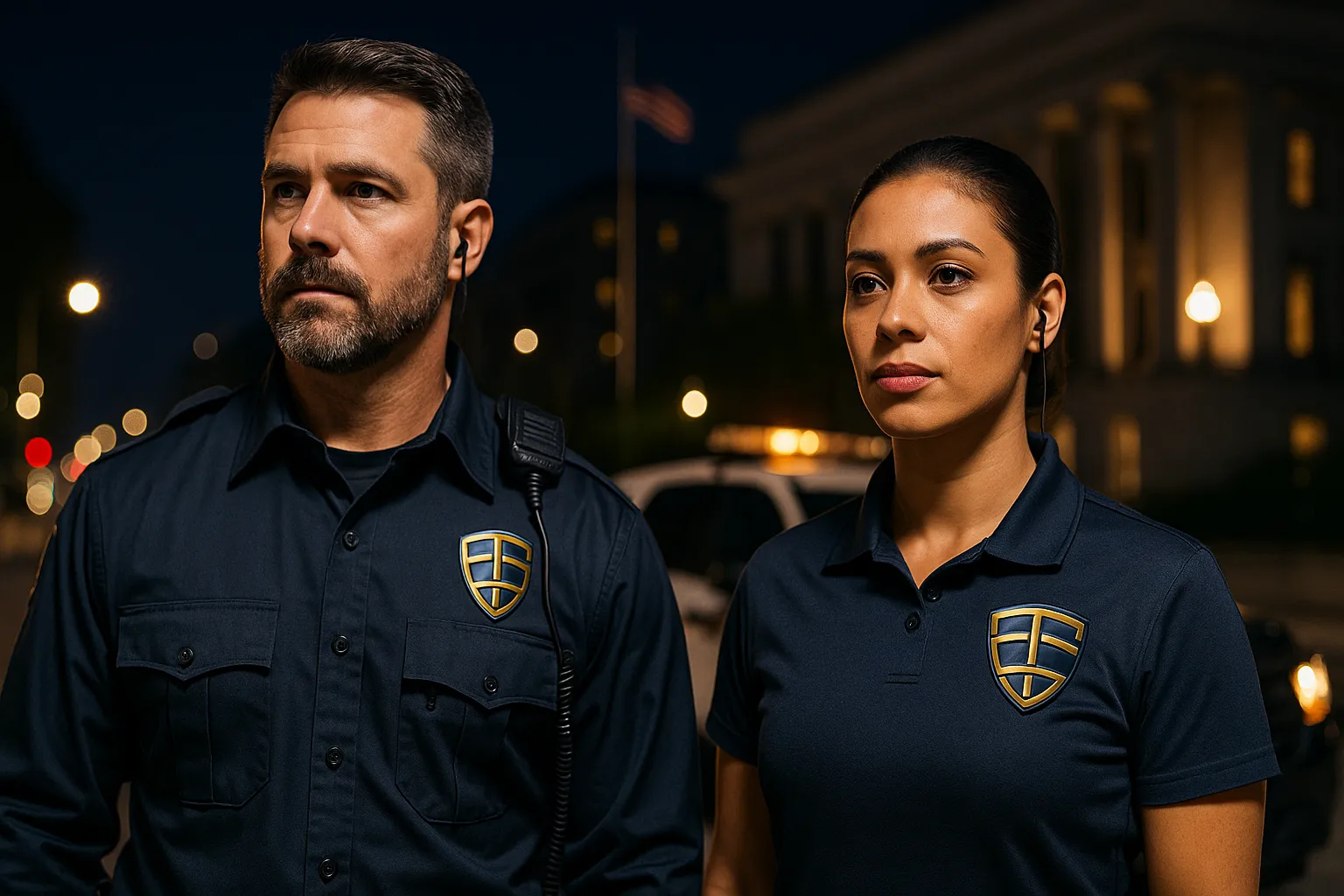 Target Set officers on duty outside a government building at night