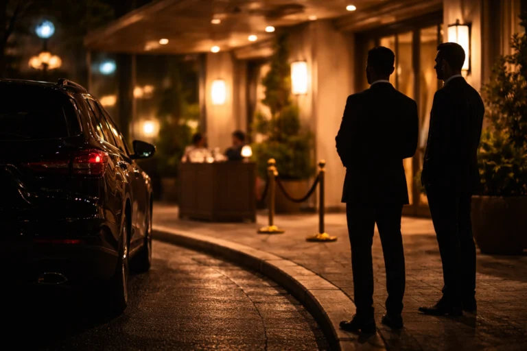 Target Set officers on duty outside a government building at night